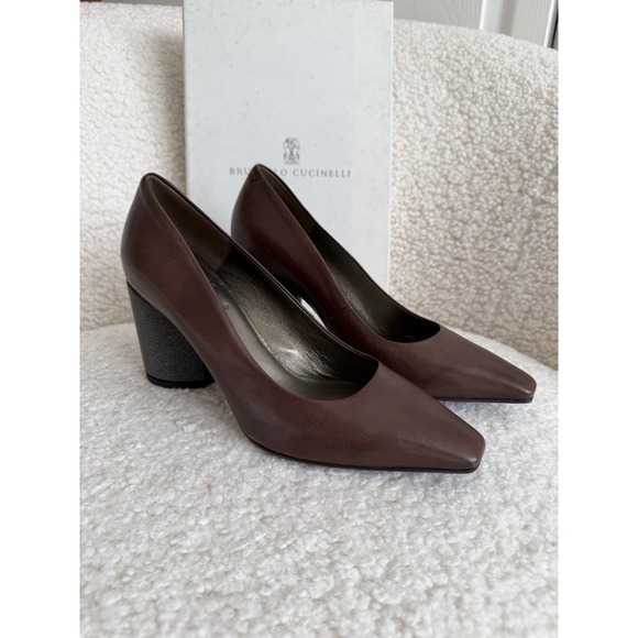 NWT Brunello Cucinelli - Brown Leather And Caviar Beads Block Heel Size 37 - Picture 11 of 12